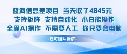 蓝海信息差项目当天收米1k+?支持矩阵支持自动化小白能操作全程AI操作不需要人工你只要会电脑