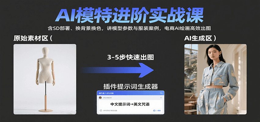AI模特进阶实战课：含SD部署、换背景换色，讲模型参数与服装案例，电商AI绘画高效出图