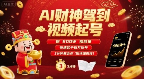 AI财神驾到视频起号，爆600W播放量，快速起千粉万粉号，3分钟教会你(附详细教程)