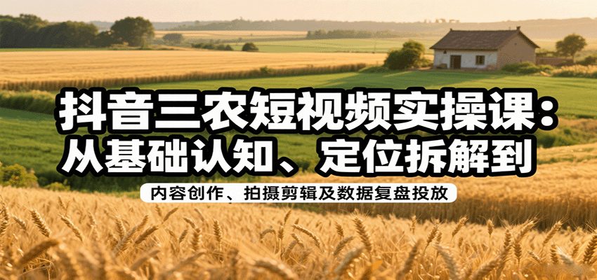 抖音三农短视频实操课：从基础认知、定位拆解到内容创作、拍摄剪辑及数据复盘投放