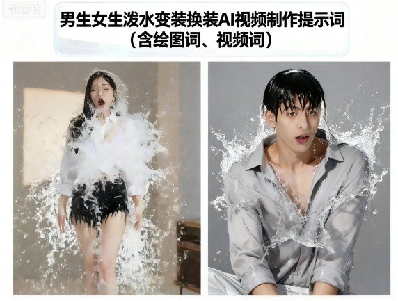 男生女生泼水变装换装AI视频制作提示词(含绘图词、视频词)