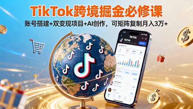 TikTo跨境掘金必修课，账号搭建+双变现项目+AI创作，可矩阵复制月入3万+