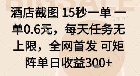 酒店截图15秒一单，一单0.6米，每天任务无上限，全网首发可矩阵单日收益3张【揭秘】