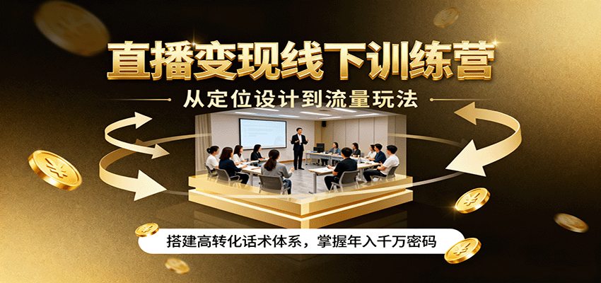 直播变现线下训练营，从定位设计到流量玩法，搭建高转化话术体系，掌握年入千万密码