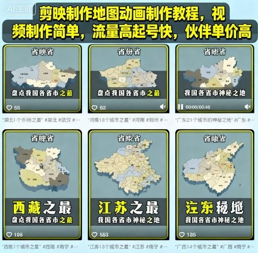 剪映制作地图动画制作教程，视频制作简单，流量高起号快，伙伴单价高