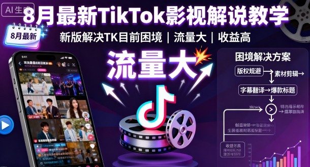 8月最新TikTok影视解说教学，新版解决TK目前困境，流量大，收益高