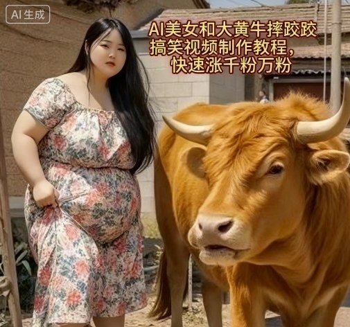 AI美女和大黄牛摔跤搞笑荒诞视频制作教程，快速涨千粉万粉