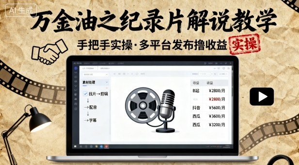 万金油之纪录片解说教学，手把手教你，完全实操，多平台发布撸收益