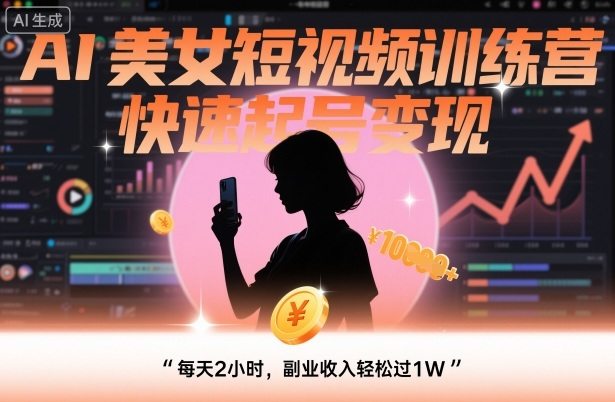 AI美女短视频训练营，快速起号变现，每天2小时，副业收入轻松过1W