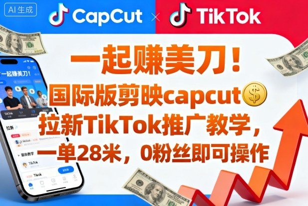 一起賺美刀！国际版剪映capcut拉新TikTok推广教学，一单28米，0粉丝即可操作(附推广入口和教学)