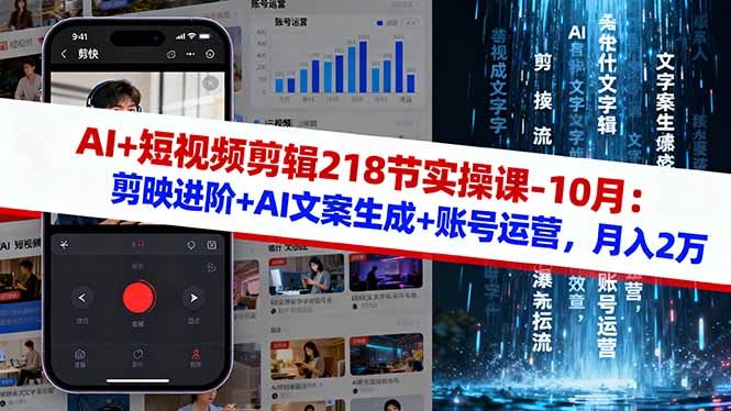 AI+短视频剪辑218节实操课-10月：剪映进阶+AI文案生成+账号运营，月入2万