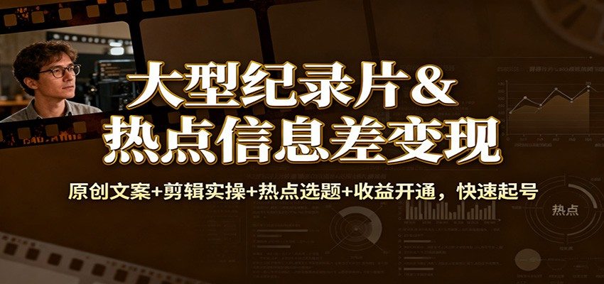 大型纪录片&热点信息差变现：原创文案+剪辑实操+热点选题+收益开通，快速起号
