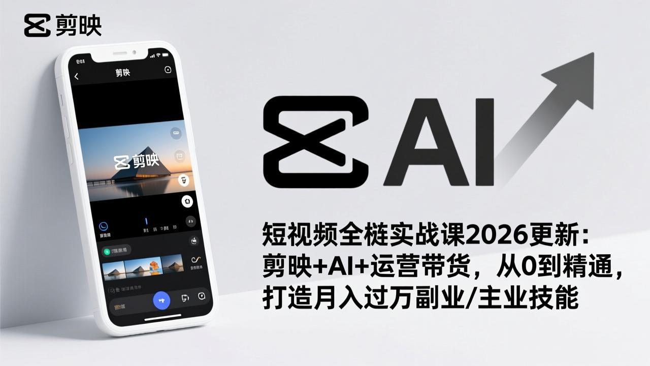 短视频全栈实战课2026更新：剪映+AI+运营带货，从0到精通，打造月入过万副业/主业技能