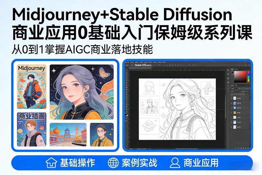 AIGC商业应用Midjourney+Stable Diffusion教程，0基础入门保姆级系列课