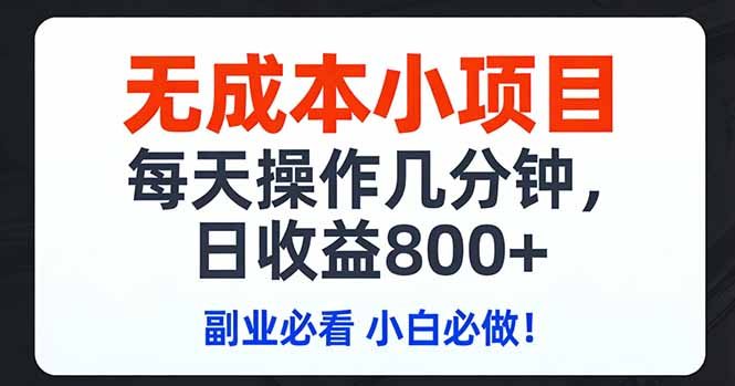 无成本小项目,每天操作几分钟,日收益800+ 副业必看 小白必做！